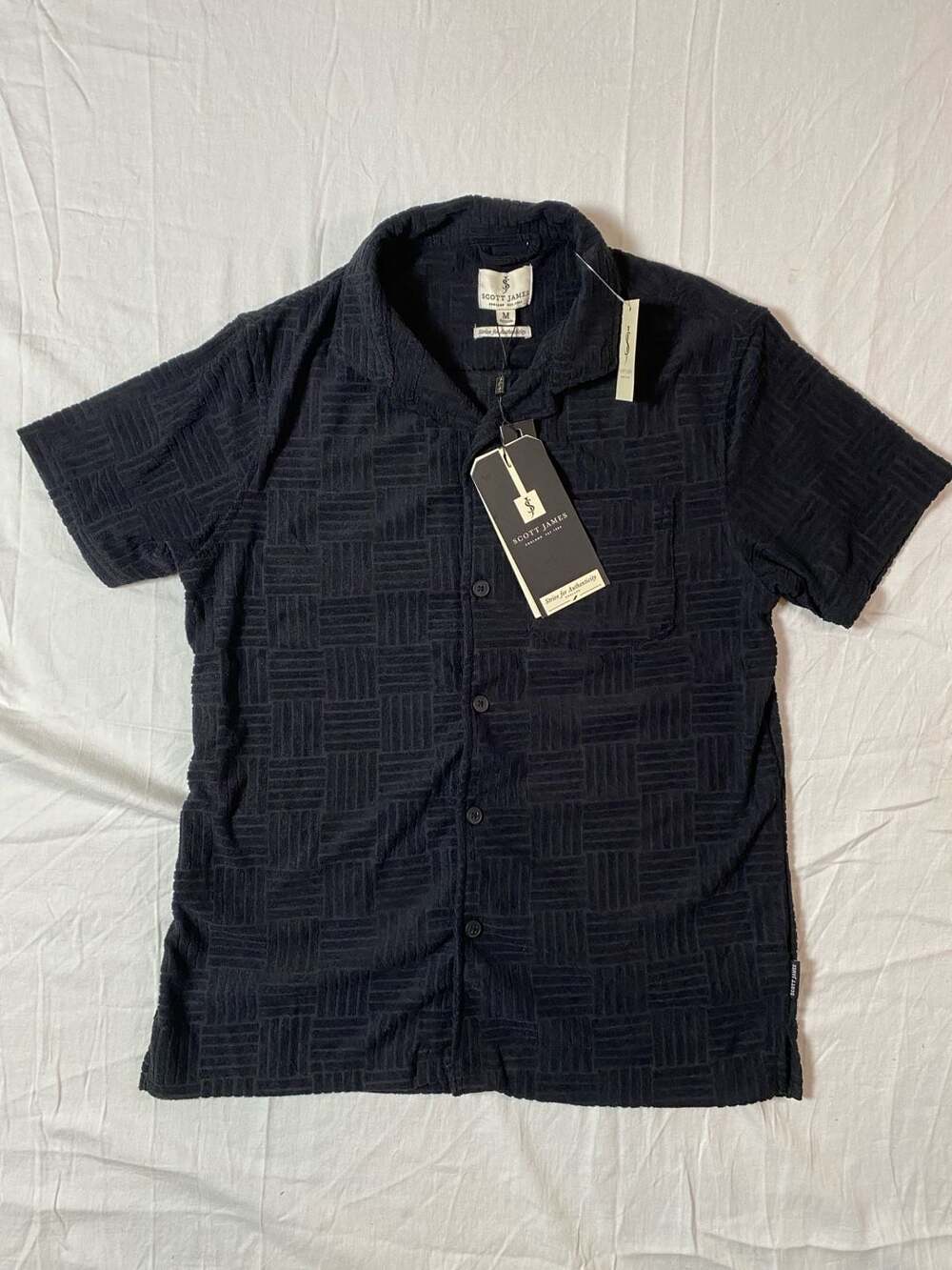 Scott James Men's Textured Short Sleeve Button-Down Shirt, Black (1201)